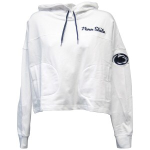 women's white hooded sweatshirt with embroidered Penn State and Athletic Logo